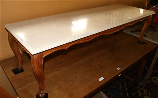 White marble topped coffee table, on hardwood underframe